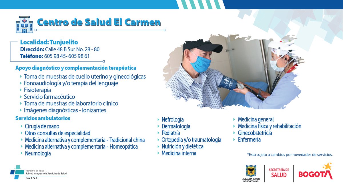 SubRedSur's tweet photo. 👌#MásYMejoresServicios te ofrecemos en el Centro de Salud el Carmen 🏥🏥 ubicado en la localidad de #Tunjuelito.
Servicios básicos y especializados para la población del sur de la capital.👨‍⚕️🧑‍⚕️👩‍⚕️
Conoce aquí nuestro #PortafolioSubredSur
⬇️⬇️⬇️⬇️⬇️⬇️⬇️⬇️⬇️
https://t.co/wagEK6KwlW https://t.co/pSiHPwlbWw