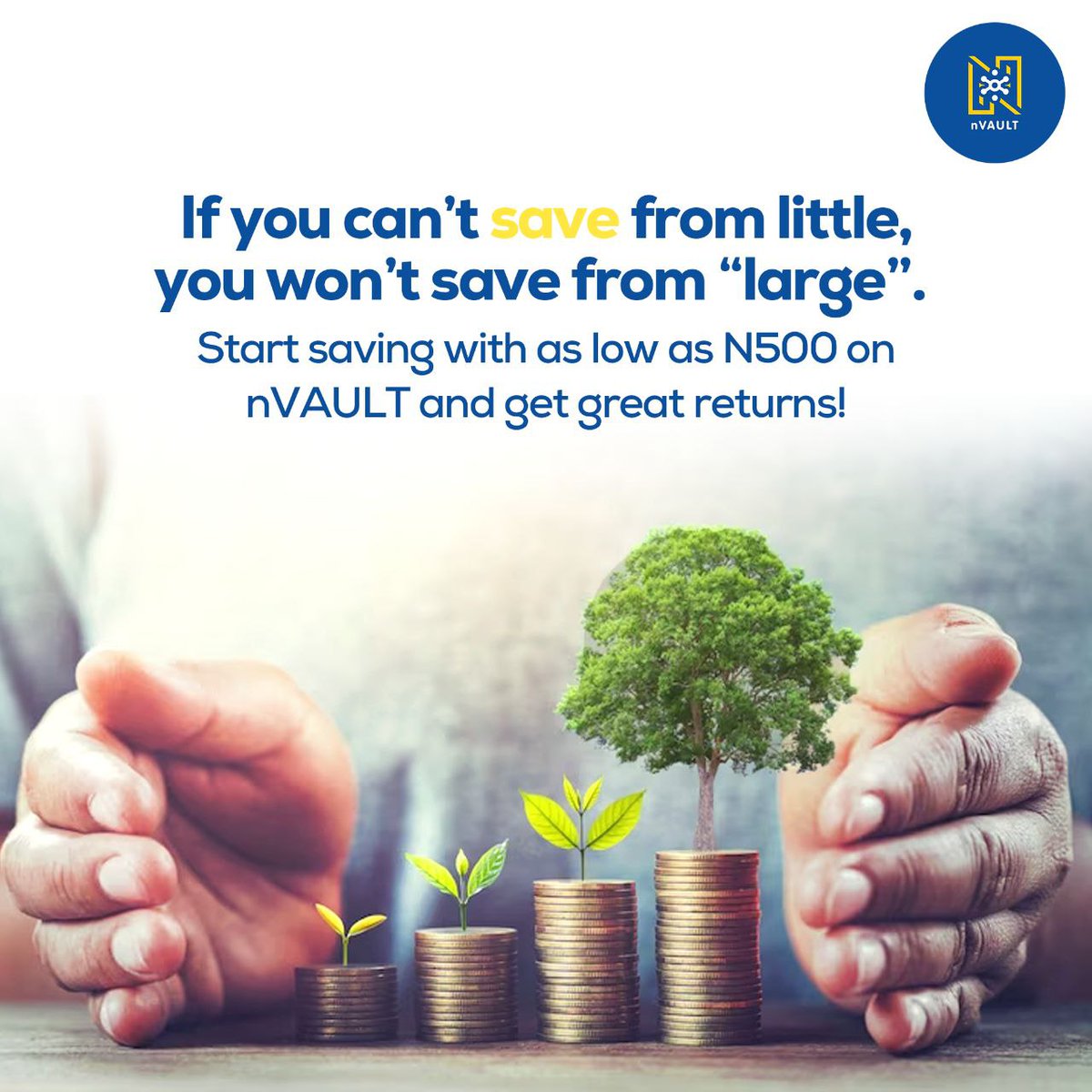 nVAULTapp's tweet photo. Big savings start with small steps! At nVAULT, we believe in the power of every Naira. Start your journey to financial success by saving as low as N500. Your future self will thank you!  

#nVAULT #StartSmallSaveBig #FinancialWellness https://t.co/lyVFSjaN6n