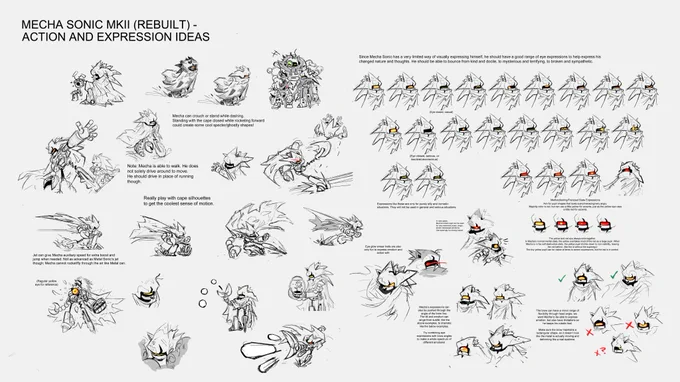 Continuing the Scrapnik Island train, it's time to post concept art!As featured in the trade book, here's the full turnaround sheets for Mecha Sonic MK2, along with a sheet I made to explore his actions and expressions! 