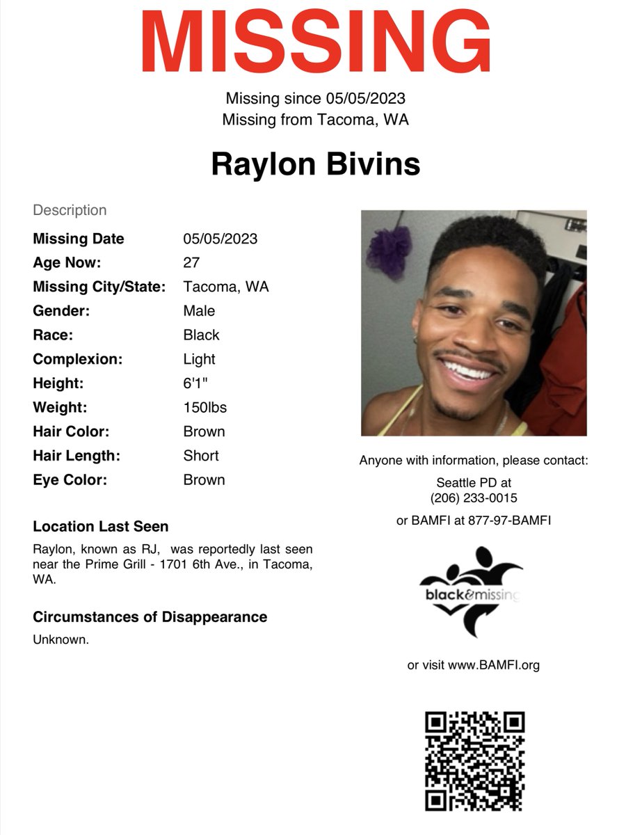BAM_FI's tweet image. #Tacoma, #Washington: 27y/o Raylon Bivins was last seen near the Prime Grill - 1701 6th Ave., in Tacoma on May 5.

Have you seen him? #HelpUsFindRaylon #RaylonBivins