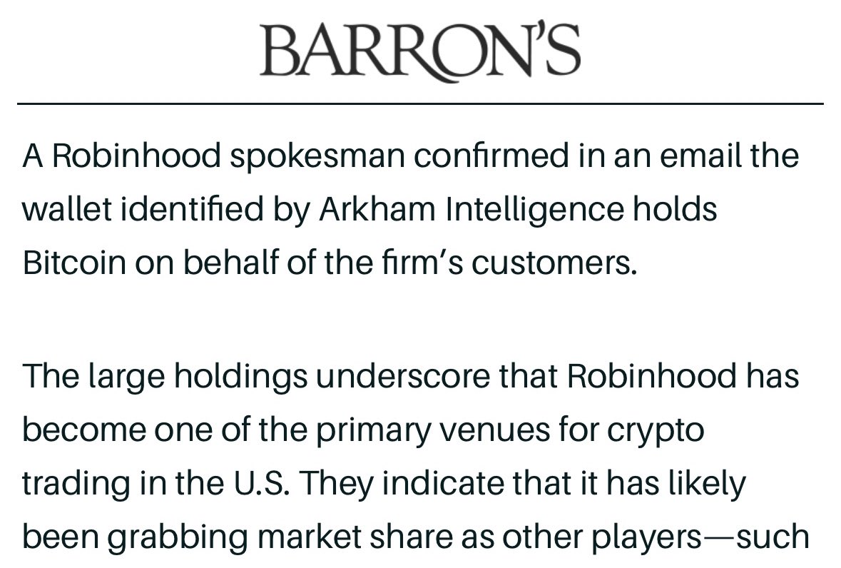 Robinhood confirms they are 3rd largest Bitcoin holder. platform.arkhamintelligence.com/explorer/entit…