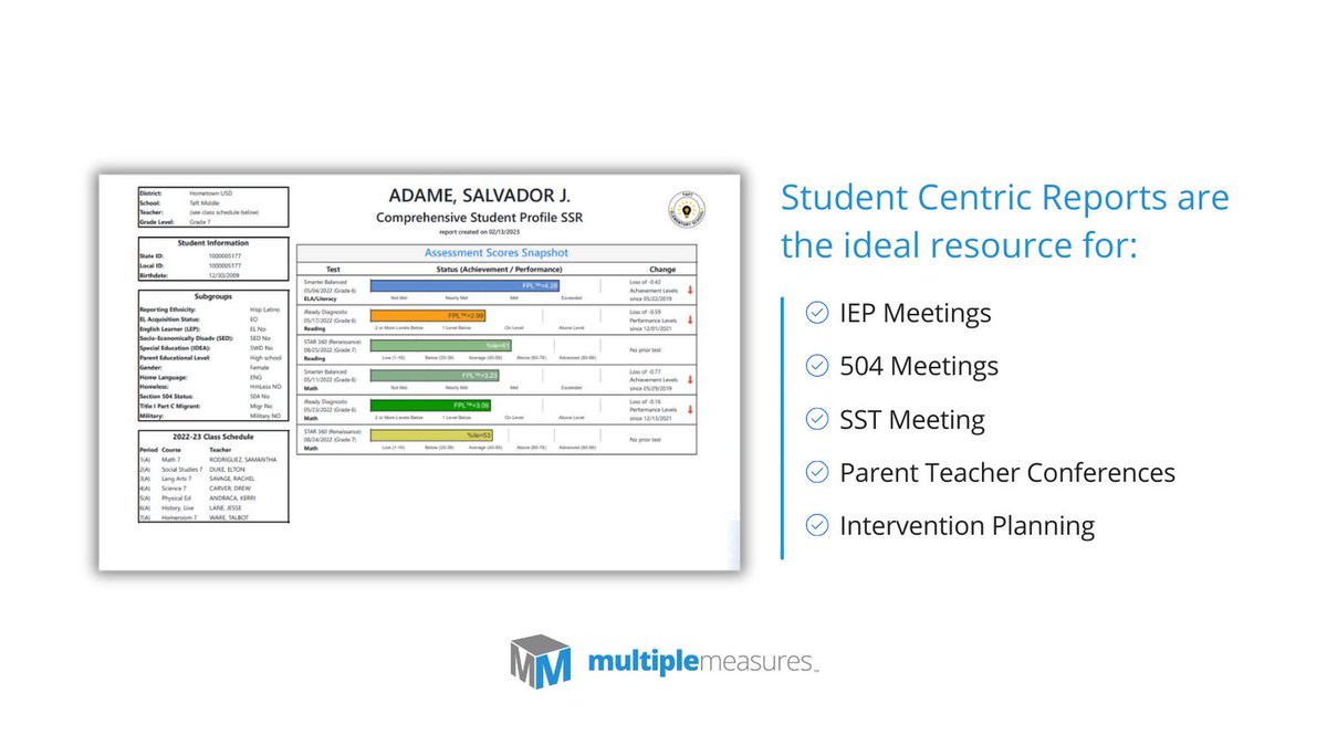 MultipleMeasure's tweet image. Teachers need timely access to their student assessment data, attendance, and discipline information - so they can meet student needs from the start! Luckily, we got you covered with our Student Score Reports. #datavisualization

Learn more at multiplemeasures.com