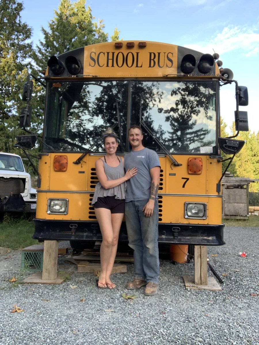 A couple who sold everything and moved into a school bus with their dog and two cats reveal they are now saving more than £2400 ($3000) a month.