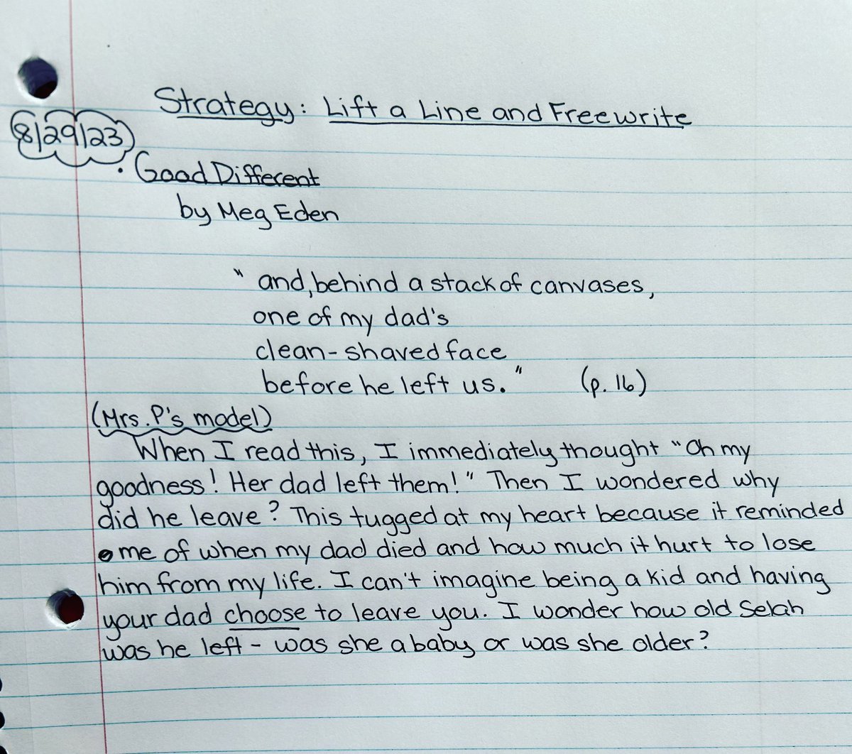 Today’s #writingstrategy was from @JSerravallo - lift a line and freewrite. We did this with my 5th graders using the novel #gooddifferent that we are reading as a group. Today I modeled a response for them.