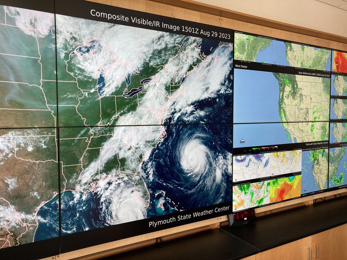 Nice work, Dan Bramer, on the new visible-IR composite satellite imagery on the <a href="/PlymouthState/">Plymouth State University</a> Meteorology Map Wall. That's a great look at hurricanes #Idalia and #Franklin