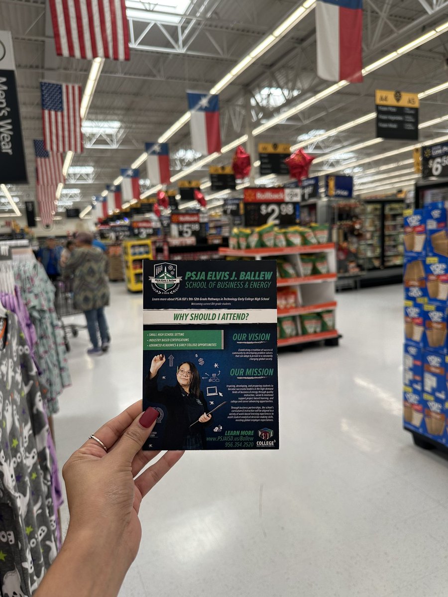 Running errands or grocery shopping today? Find me at your Neighborhood Alamo Walmart and learn more about <a href="/PSJA_Ballew/">PSJA Ballew School of Business and Energy</a>!  
#Recruiting
<a href="/NoraRivasGarza1/">DrNora Rivas-Garza</a>