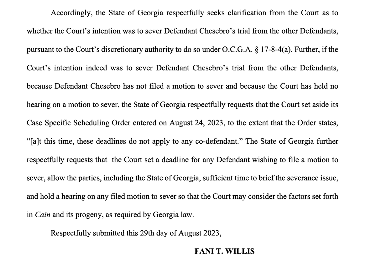 kyledcheney's tweet photo. JUST IN: DA Fani WILLIS is asking the judge in the Trump racketeering case to fast-track all 19 of the defenants — not just Ken Chesebro — while permitting the others to file motions to sever from the larger case.

https://t.co/T9r46He7dO https://t.co/a1vii1Zwys