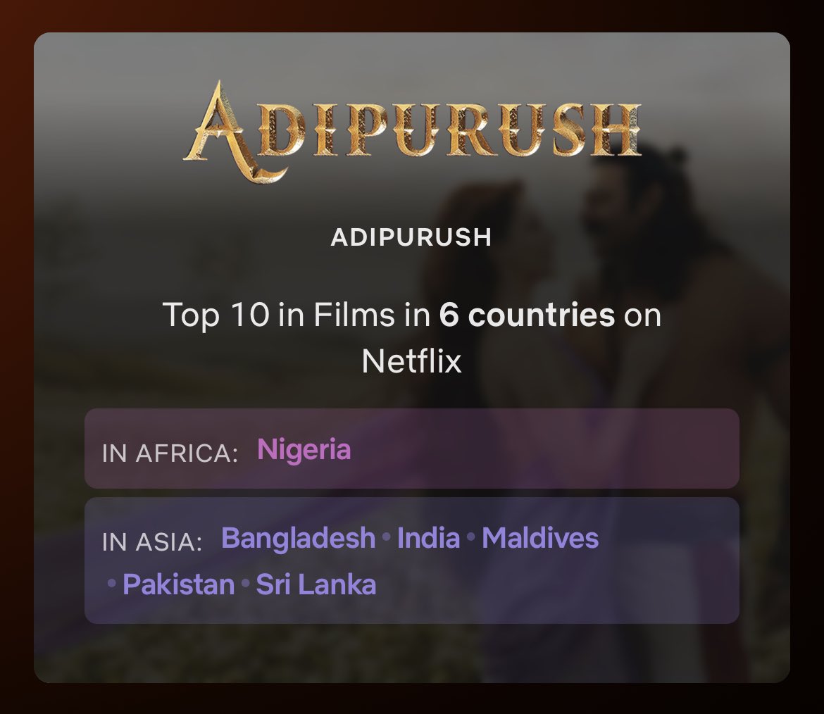 #Adipurush spends THIRD CONSECUTIVE WEEK on the Netflix Global Top 10 Non-English Films Chart.

Directed by #OmRaut and starring #Prabhas, #KritiSanon, #SaifAliKhan, #SunnySingh and #DevdattaNage, the mythological film is trending in 6 countries on Netflix.

#AdipurushOnNetflix