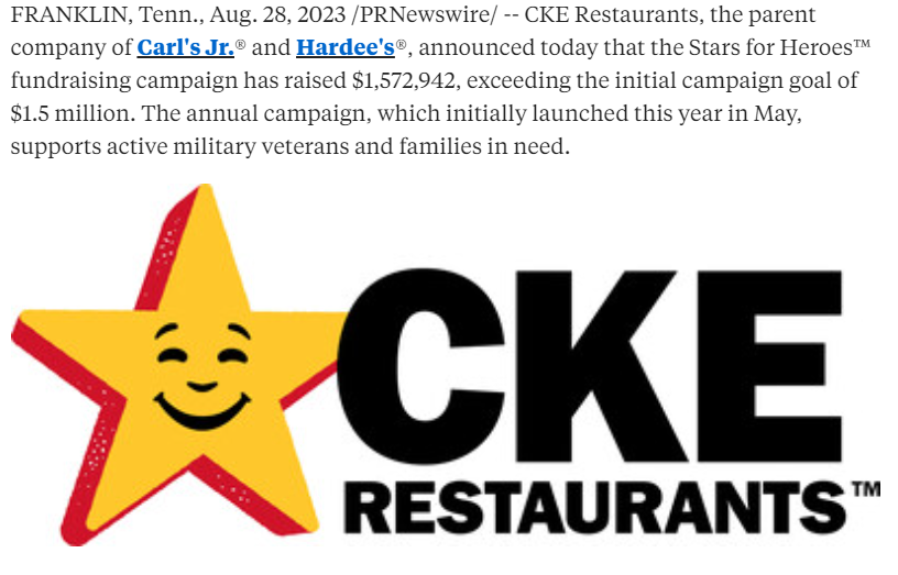 USACares's tweet image. We could not be more thankful for the tremendous support CKE Restaurants, Inc. (@hardees &amp;amp; @carlsjr) will provide USA Cares through this campaign. From the staff to the patrons, thank you for helping us help more military families than ever before!

#fastfood #hardees #carlsjr