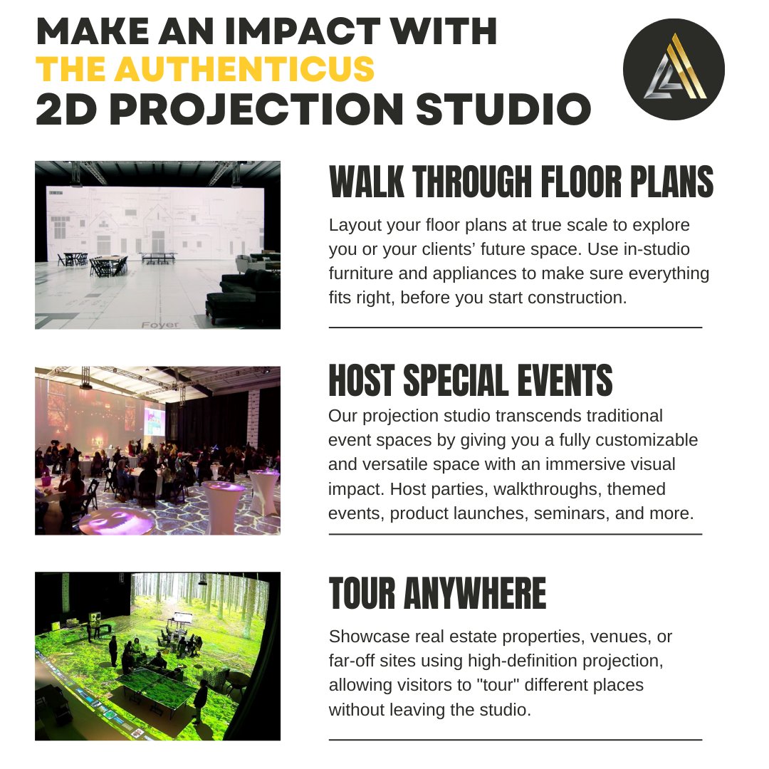 AuthenticusHou's tweet image. 🌟Make an impact on your clients with the Authenticus 2D Projection Studio! Walk through floor plans &amp;amp; host special events with a memorable visual presentation. 🏗️✨
🌐 authenticusservices.com
#Authenticus2DStudio #ElevateEvents #InnovateImagination #VisualImpact #FutureOfEvents