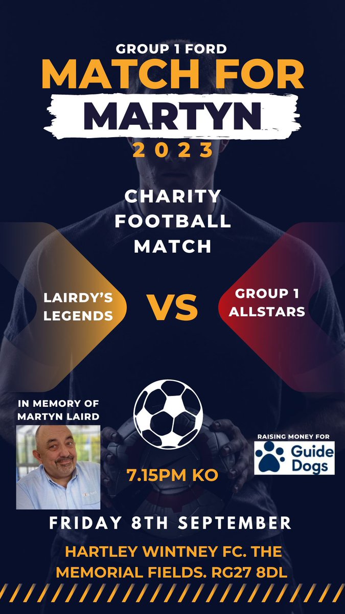 HartleyFC's tweet photo. ⚽️   Match for Martyn  ⚽️

@Group1Ford colleagues are coming together &amp; teaming up to play a charity game to raise funds for @guidedogs in memory of their friend Martyn Laird.

🗓️Friday 8th Sept
📍HWFC, RG27 8DL
Free admission but bucket collection for @guidedogs

Bar &amp; BBQ✅ https://t.co/0iCTv0OBJn