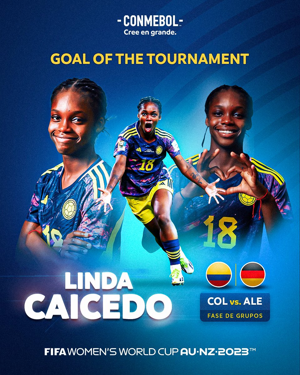 CONMEBOL's tweet photo. ¡El gol de la @FIFAWWC! 🏆🎨 La obra de arte de Linda Caicedo contra Alemania en Fase de Grupos fue elegida como el gol más lindo del torneo ✨.

#CreeEnTuContinente https://t.co/t80Qb6dRY6