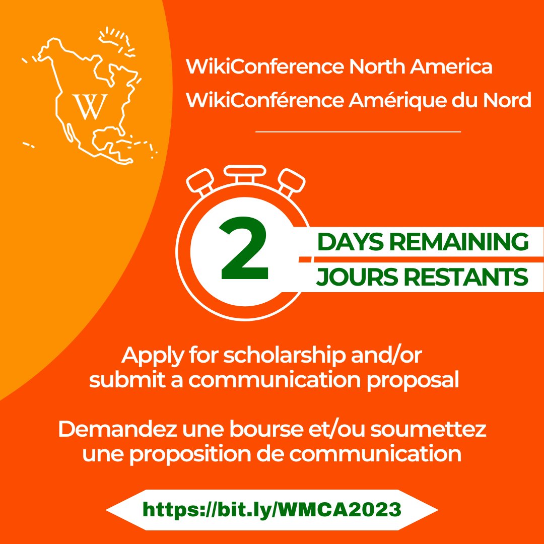 🚨 Only 2 days left to apply for a scholarship and/or submit a communication proposal for the WikiConference North America 2023! Deadline is August 31 at midnight!
wikiconference.org/wiki/2023/Main…

#wikiconference #WCNA2023 #wikimedia