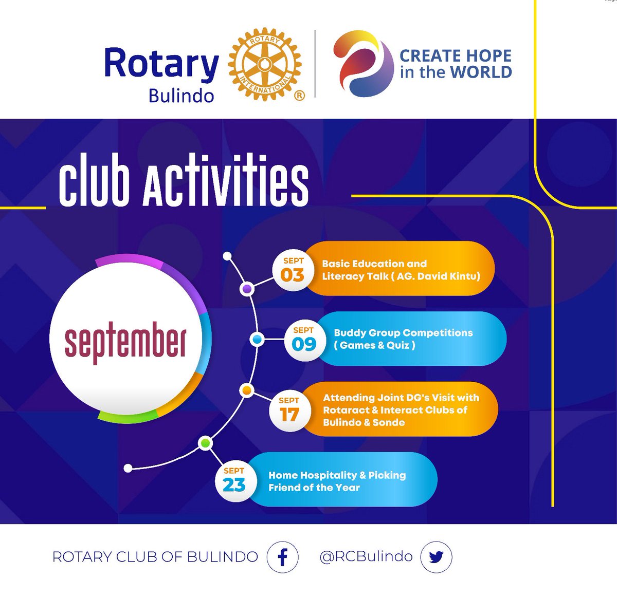 RCBulindo's tweet photo. Exciting September ahead with @RCBulindo! ๐ Join us for numerous activities including @rotaryd9213 DG visit, insightful talks and meaningful connections. Let's make a positive impact together! #SeptemberService
#HopeCreatingYear #ServiceAboveSelf https://t.co/uQHX2nGoXO
