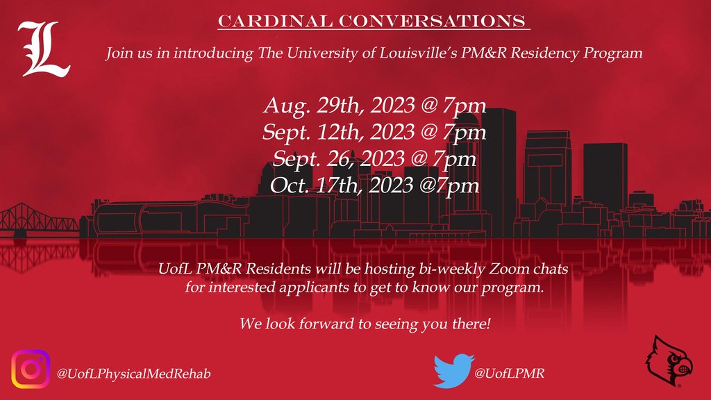 UofLPMR's tweet photo. Our next #CardinalConversations meeting kicks off tonight at 7pm EST! Sign up using the link below.
Please reach out to @TheAndrewWoods for any questions!
#PMR #Match2024 #Physiatry @UofLHealth @UofL @UofLPMR @AOCPMR @PMRScholars @AAPMR @AAPhysiatrists
https://t.co/HssUUxqQjU https://t.co/iJaoaWzu4z