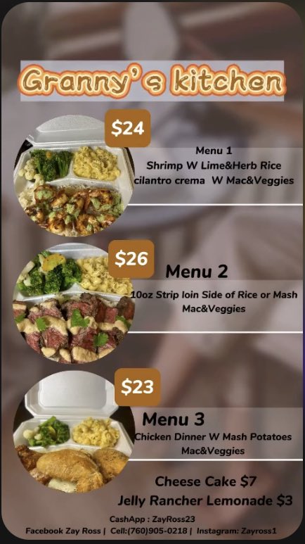 ZayRoss8's tweet photo. Granny’s Kitchen is back 8/30‼️ Kitchen open at 11am-6pm. Deliveries from 2pm-6pm. Refer 5 people and get a free plate‼️repost my post and your drink is free‼️ https://t.co/ks4tLlOec0