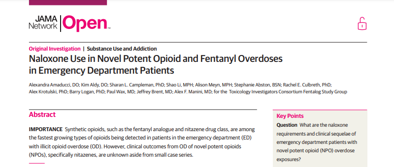 MountSinaiEM's tweet image. #EMResearch @ManiniAlex, Professor of Emergency Medicine at Mount Sinai has been published as an author on a paper examining naloxone dosing requirements and clinical outcomes for patients exposed to Novel Potent Opioids (NPO).

Read the research: jamanetwork.com/journals/jaman…