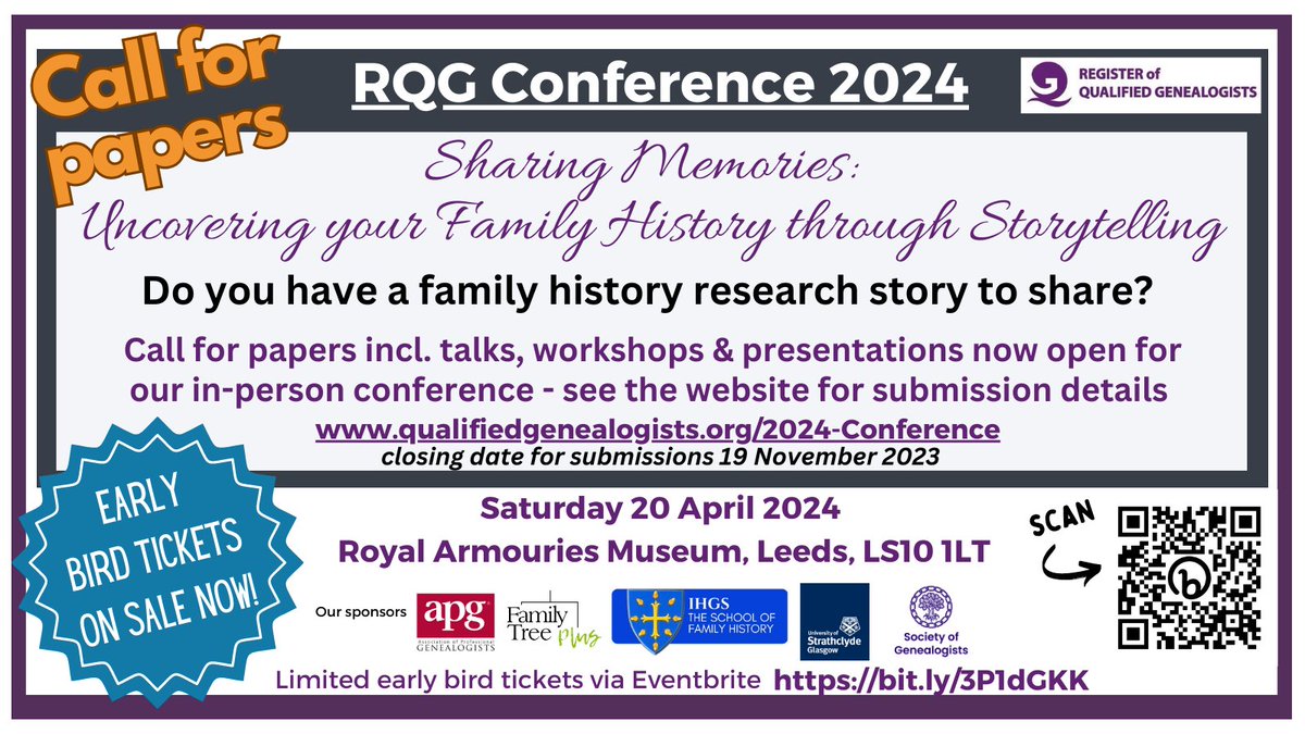 RQG request a call for papers for our conference on 20 Apr 24 ‘Sharing Memories: Uncovering your Family History through Storytelling'‘. Details incl submission guidance is available on conf webpage qualifiedgenealogists.org/2024-Conference <a href="/RegQualGenes/">Register of Qualified Genealogists</a> #genealogy #familyhistory #storytelling