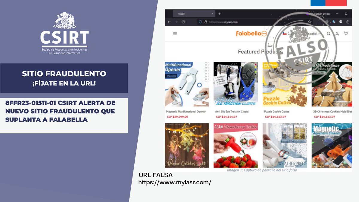 ANCIChile's tweet photo. ⚠️ ¡Atención! Informamos de la activación de un sitio fraudulento que suplanta a #Falabella ¡#NoHagasClick! Los detalles aquí: https://t.co/HpENf4bt9t #ciberseguridad #CSIRTGob @subseinterior https://t.co/ZXOYGT68x4