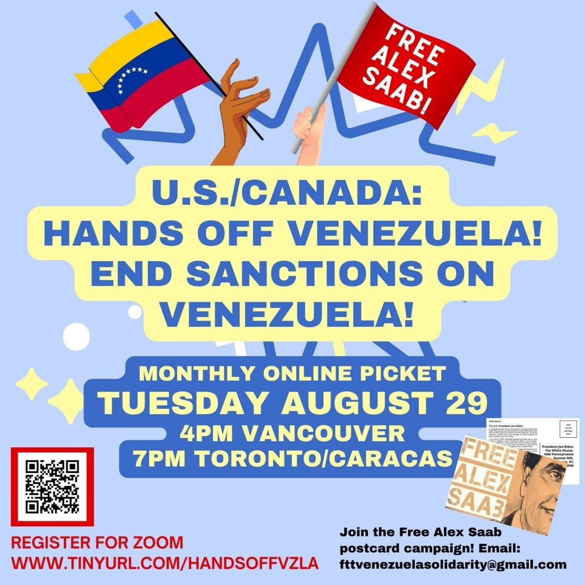 RoiLopezRivas's tweet photo. Únete al 29 de agosto #FreeAlexSaab EE. UU./Canadá #HandsOffVenezuela acción en línea, en memoria de la vida y obra del profesor Luis Acuña.

Registro: https://t.co/HWfdBUtUlT Los oradores incluyen a @roilopezrivas @FreeAlexSaabOrg, Teri Mattson @hey_ter y @charlottekates https://t.co/n2brLJvdaw
