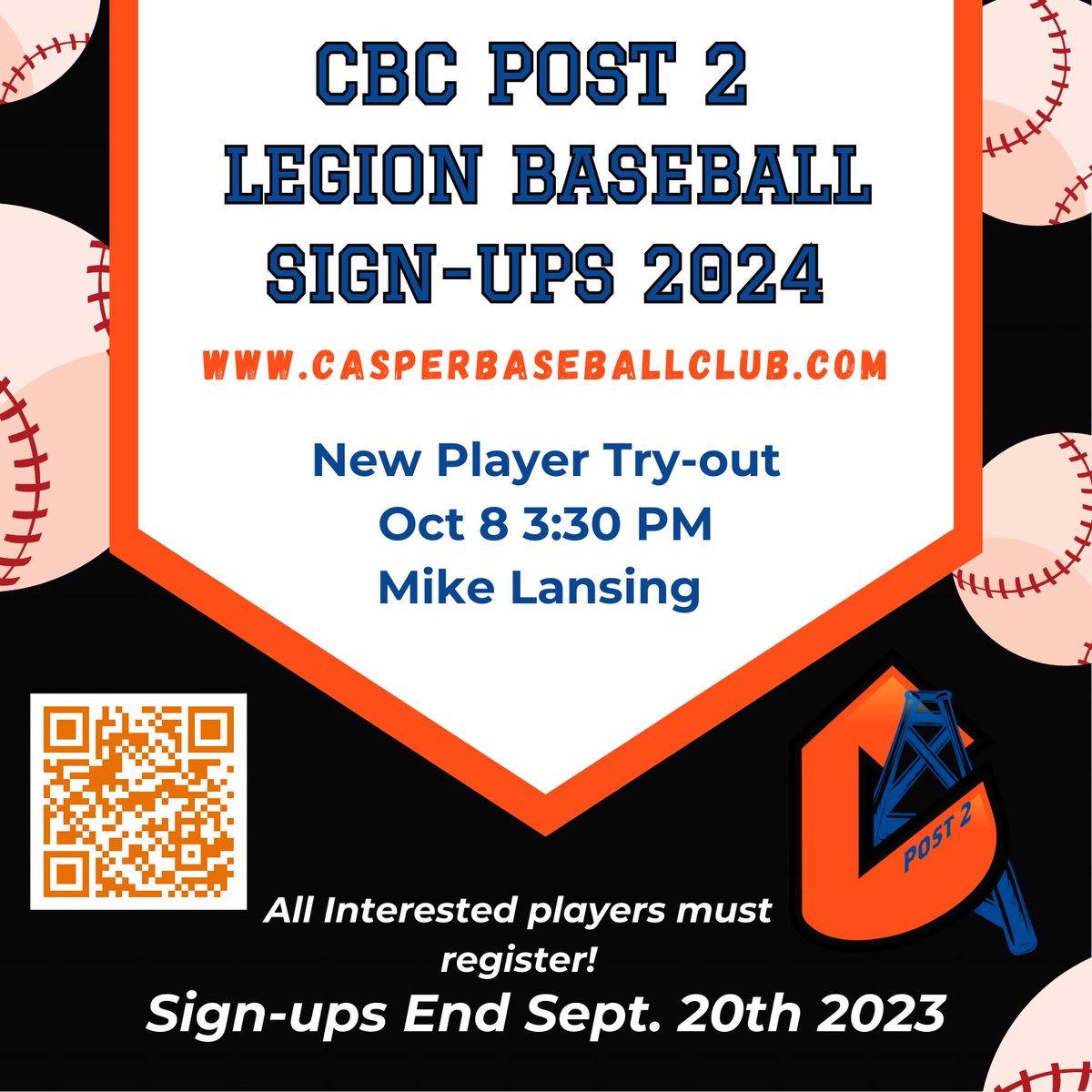 CBC_Post2's tweet image. Legion sign ups are up now on our website, casperbaseballclub.com or scan the QR code