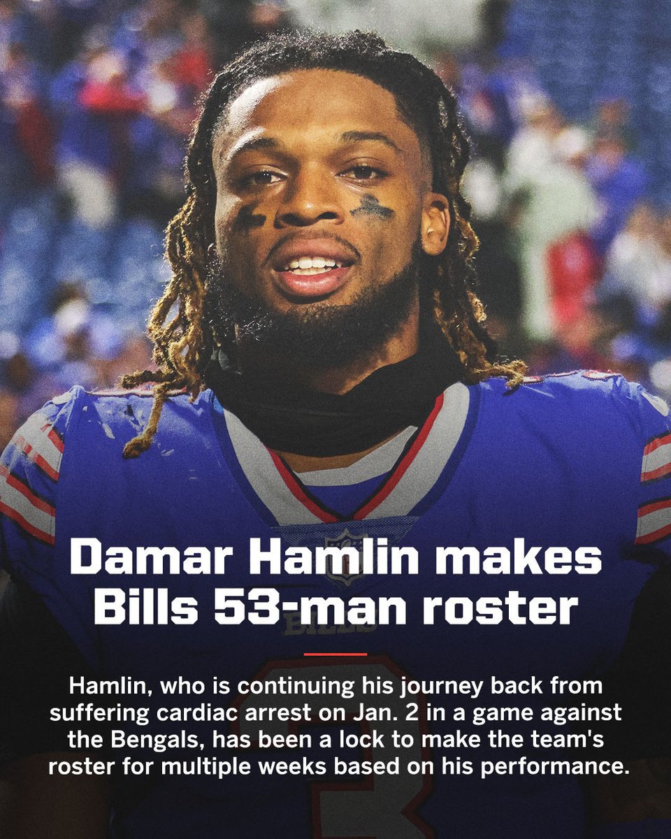 Safety Damar Hamlin has made the Bills' initial 53-man roster, a source told ESPN, confirming multiple reports.