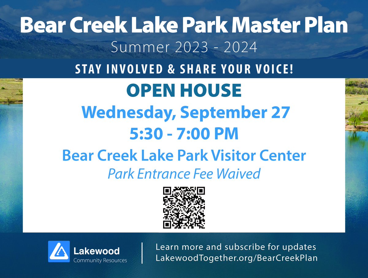 What is your vision for Bear Creek Lake Park? Join us anytime on Wednesday, Sept. 27 from 5:30 to 7 p.m. for an open house to learn more about the BCLP planning effort, hear what we have learned, and share your ideas.

Learn more: LakewoodTogether.org/BearCreekPlan