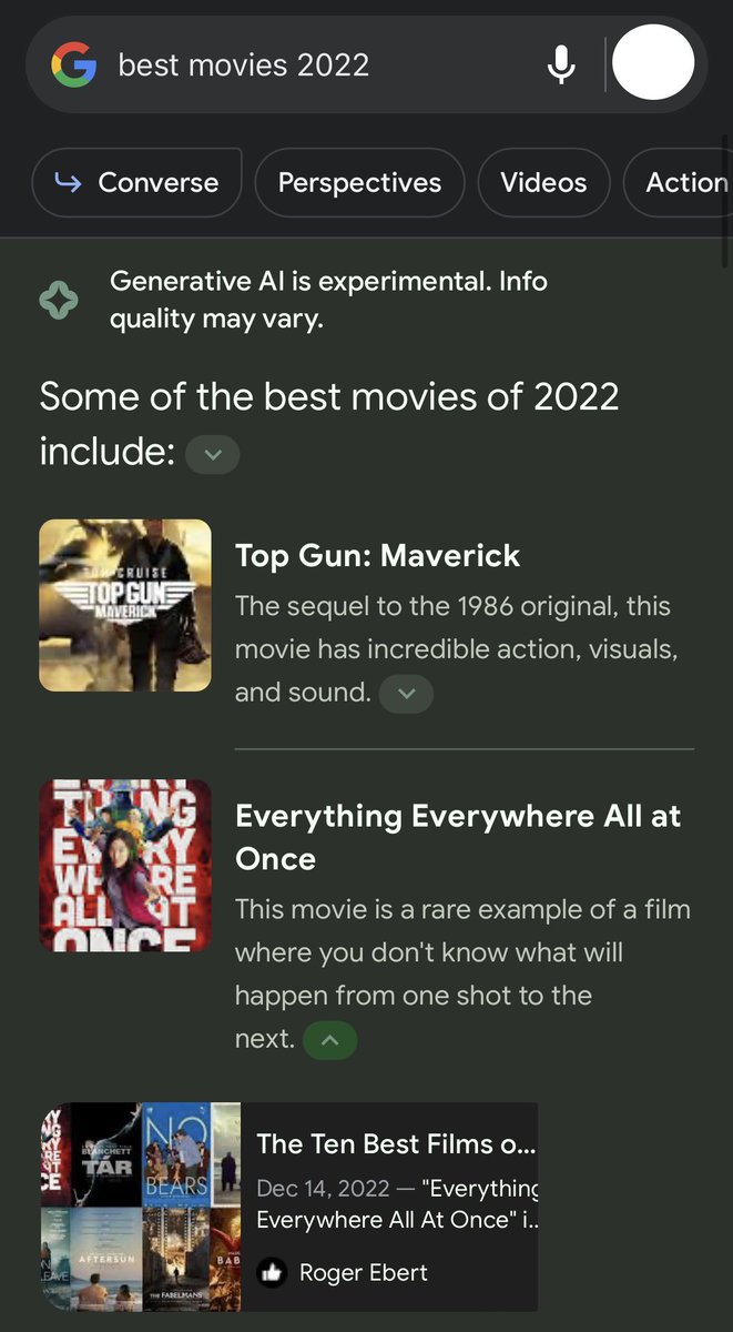 farahonfilm's tweet photo. if what AI is threatening to do to Hollywood isn’t depressing enough, take a look at Google��s new generative AI search feature, which scrapes text from online publishers (like film criticism sites!), reformulates it, and presents it to users so they never have to leave Google🙃 https://t.co/xBgfA7znzy