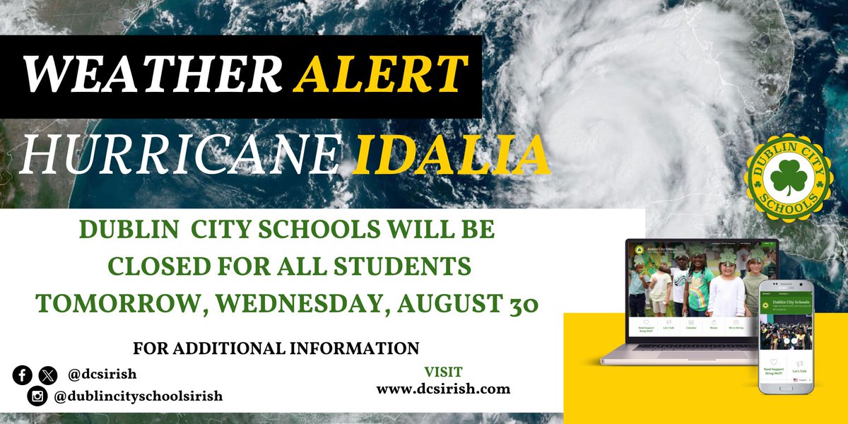 Following the recommendation of Laurens County EMA, Dublin City Schools will be closed for all students tomorrow, Wednesday, August 30th.  All games, practices, and extracurricular activities scheduled for tomorrow have also been canceled. #shamrocksafe