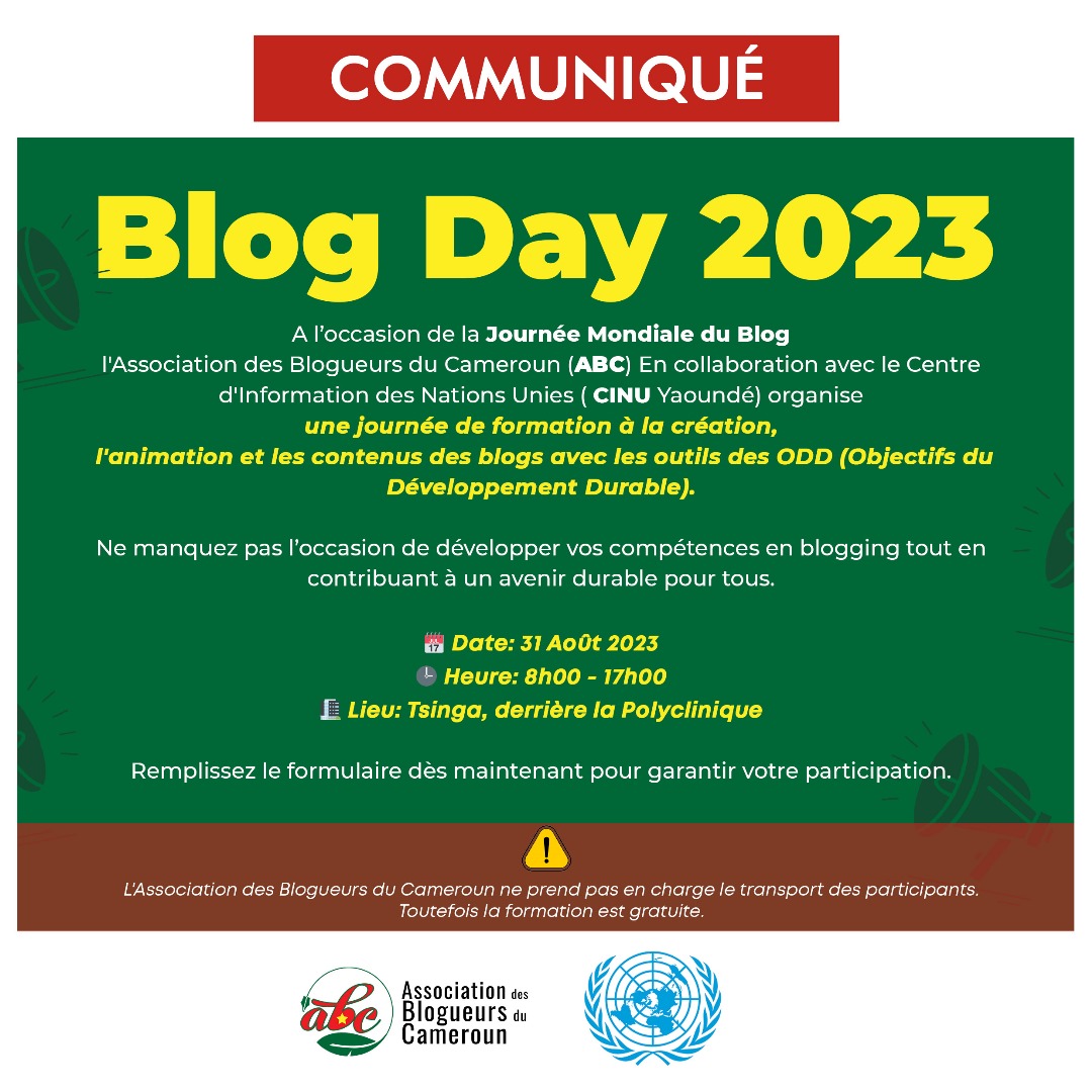 Terroirs237's tweet image. 🚨🚨🚨Journée mondiale du blog

Un jour, deux événements. 
À vous de choisir !
Un à Douala et l&apos;autre à Yaoundé. 

Enregistrement ici 👇🏿

blogueurs.cm/enregistrement…

#BlogDay
#ABC
#CiblagePlus