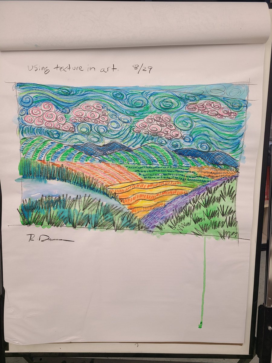 rondeaneArt's tweet image. During #artinstruction today, I created this #mixedmedia piece for our RHS art students to demonstrate utilizing implied texture in their artwork. The technique includes drawing with black crayon, color washes with water color paint, then pastel to add more texture. #weRcreative