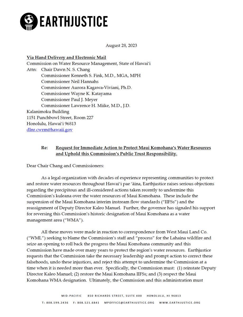 kamanabeamer's tweet photo. EarthJustice letter to Hawaii State Water Resource Management Commission. Regarding Maui Komohana stating the need to:

1-  Reinstate Kaleo Manuel 
2- Restore Instream Flow Standards 
3- Respect Water Management Designation https://t.co/2NSmbL53aK
