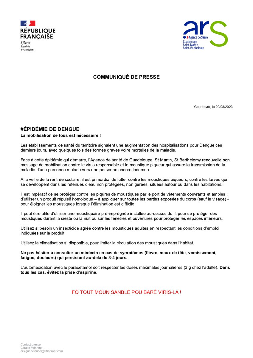 #Santé |  Dengue – appel à la mobilisation
🔴 Les établissements de santé du territoire signalent une augmentation des hospitalisations pour Dengue ces derniers jours, avec quelques fois des formes graves, voire mortelles de la maladie.
Communiqué de l'ARS Guadeloupe 🔽🔽🔽