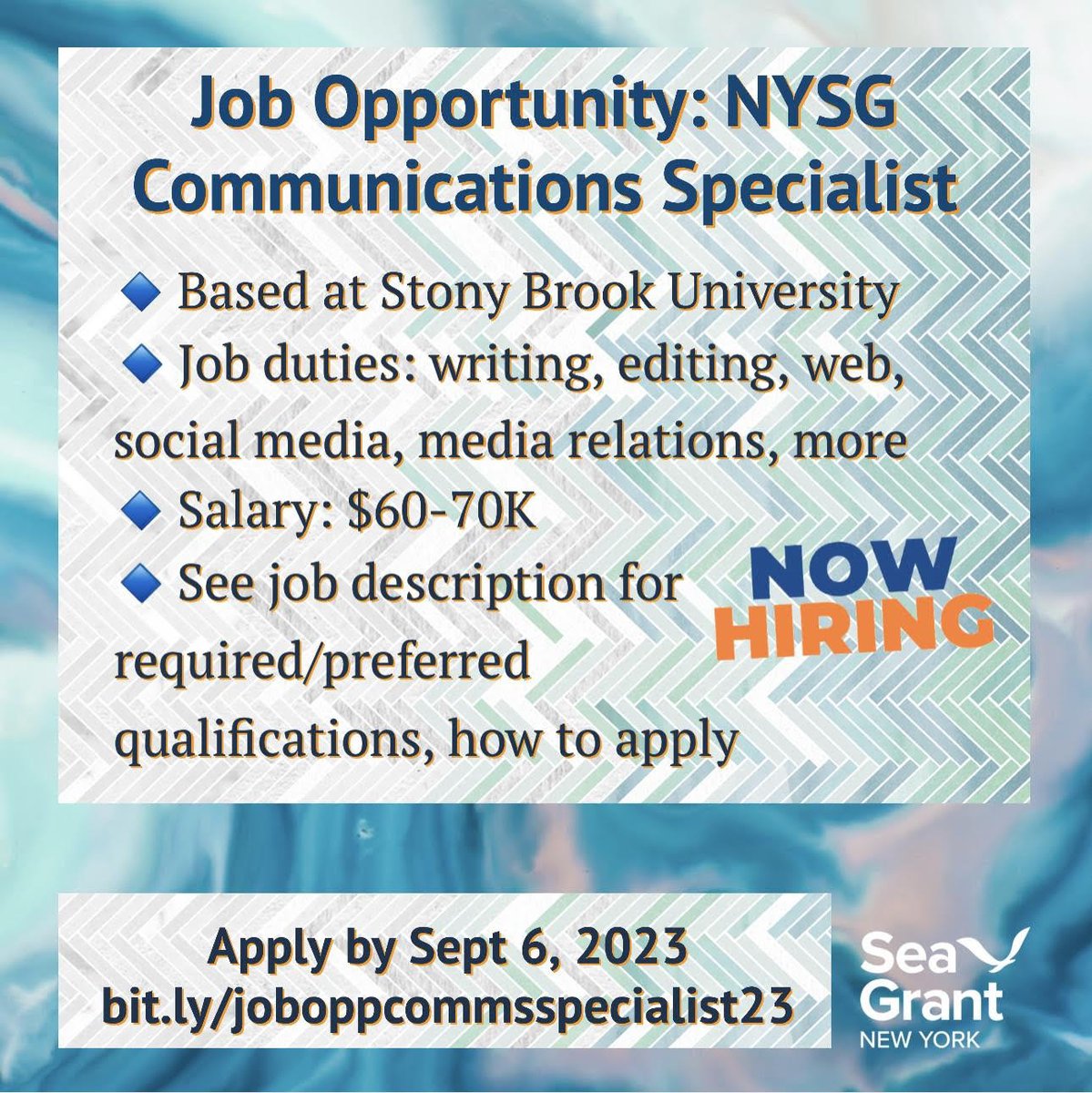 New York Sea Grant is looking for a dynamic and high energy individual to join the team as a full-time Communications Specialist for the program. #scicomm #scicommjobs #commsjobs
