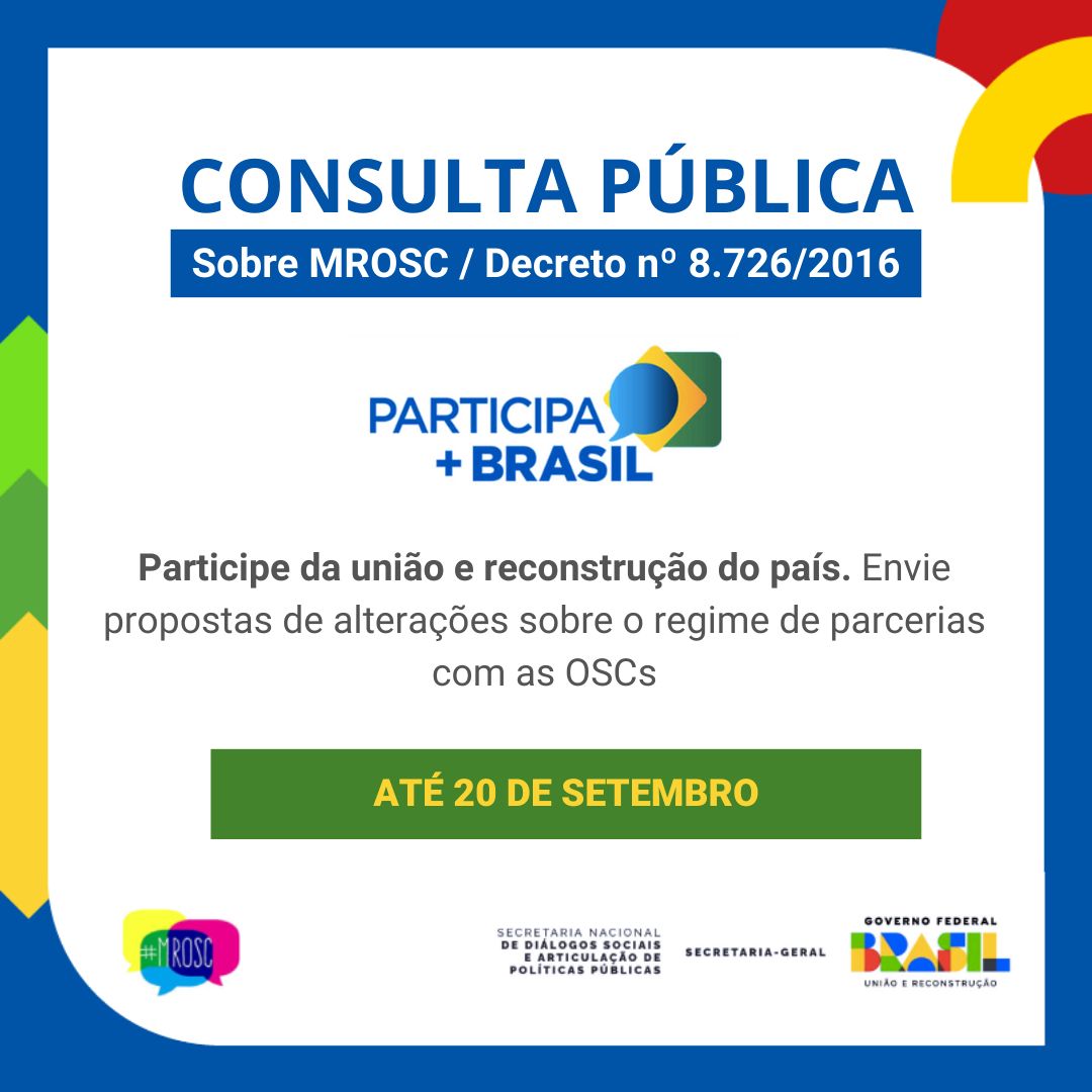 SGPresidencia's tweet photo. 📢Junte-se à Consulta Pública para aprimorar o Marco Regulatório das Organizações da Sociedade Civil (MROSC)! O Governo Federal, por meio da @sgpresidencia, convida você a contribuir com ideias para alterações no Decreto nº 8.726/2016, pelo link: https://t.co/3akxaraNNM #MROSC https://t.co/SLfBL1syAC