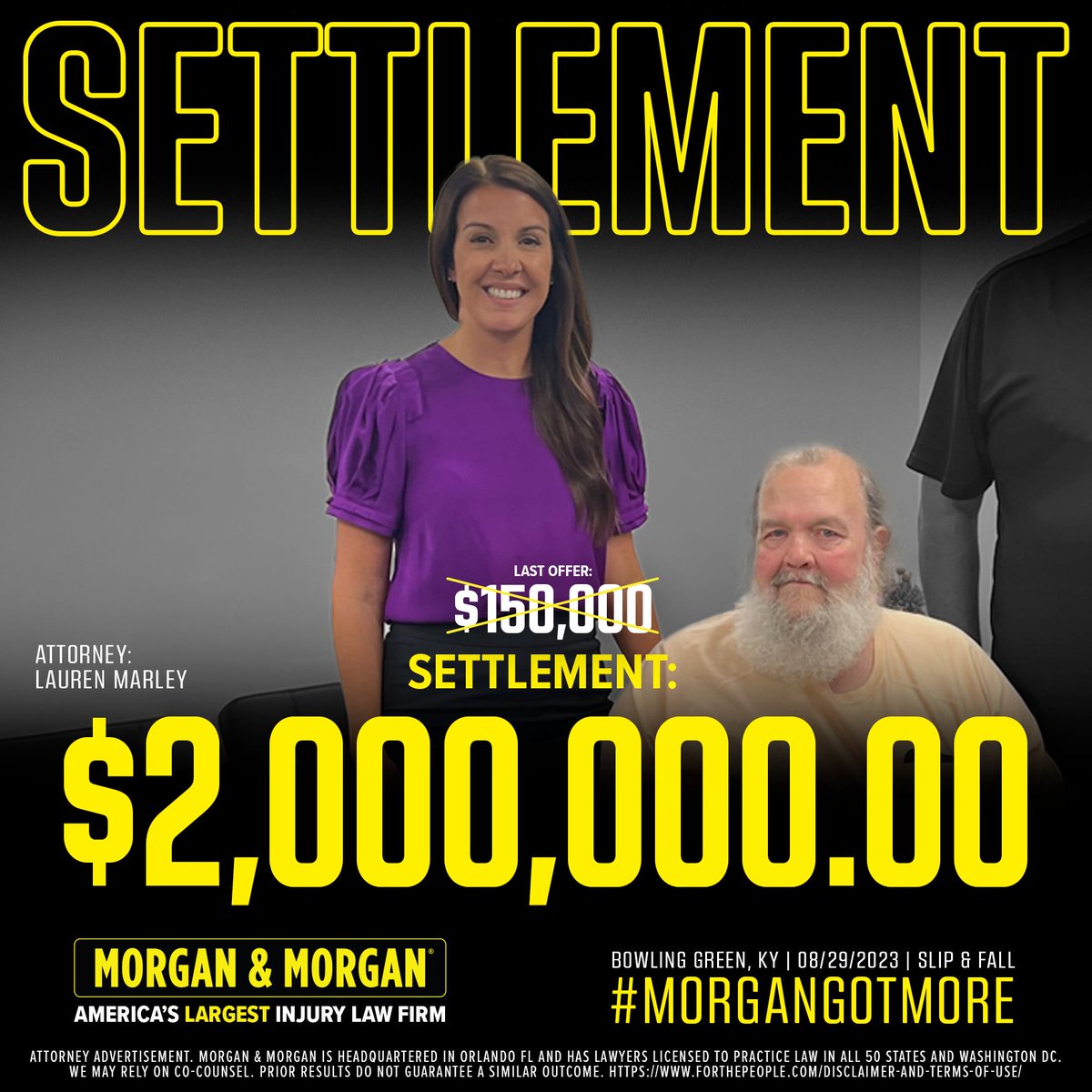 🚨 #VerdictAlert:

Congratulations to Lauren Marley for receiving a $2,000,000.00 settlement for our client in Bowling Green, KY!

Proud of our attorney for fighting to secure every penny our client deserved 💪 #ForThePeople

#MorganGotMore #MorganMath #LAW