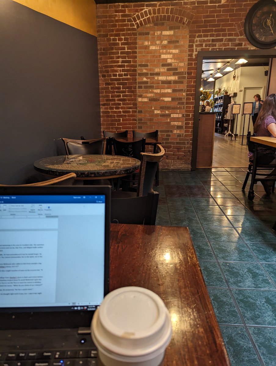 I'm an unpublished novelist writing in a local coffee shop, and yes, it's cliche, but let's think of it as placing myself in a long-running line.
1100 words, btw, which is just about maximal output for me. Cheers, #WritingCommunity.
#amwriting