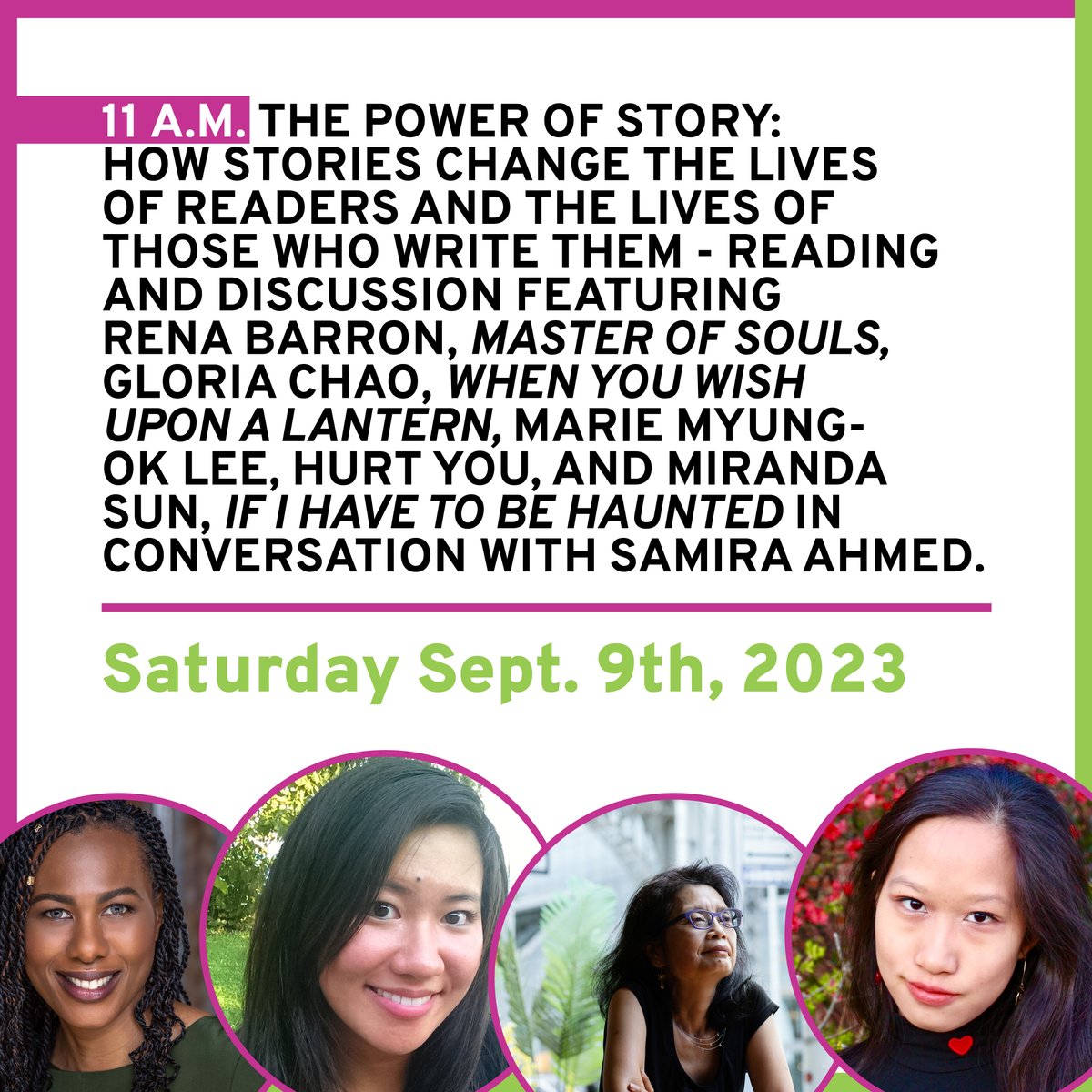 Come and be a part of 'The Power of Story' at 11 a.m. at PRLF '23 - a lively reading and discussion with authors Rena Barron, @gloriacchao, @MarieMyungOkLee, and Miranda Sun in conversation with Samira Ahmed! 📖🗣️ @halcyonpen @renathedreamer @sam_aye_ahm