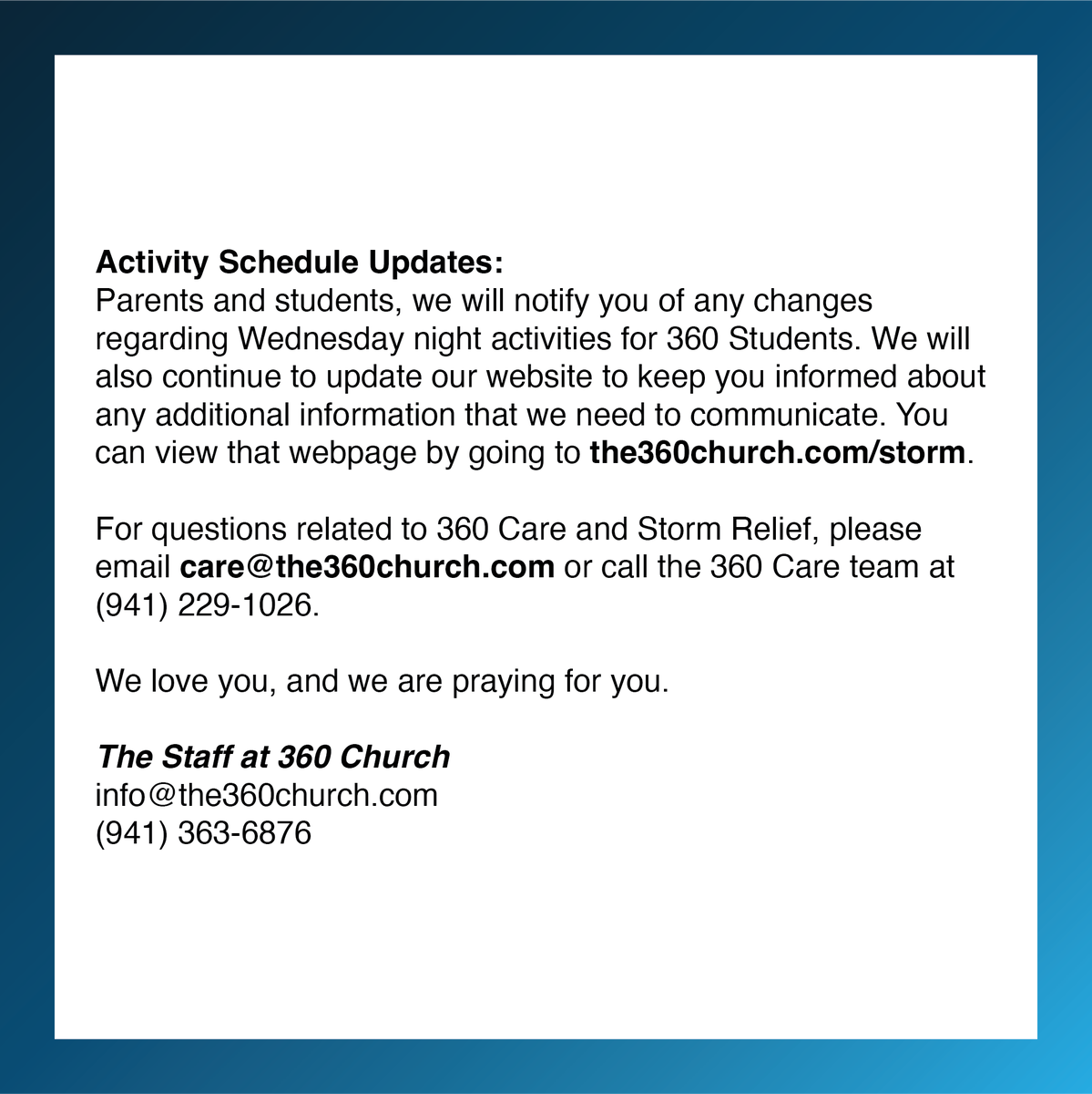 The360Church's tweet photo. The following is from the email we sent out earlier today.    

🔗: https://t.co/xC0eX5XkmZ   

If you are not signed up to receive emails, please click here to update your newsletter preferences: https://t.co/xq1GFnRR2y 

#HurricaneIdalia https://t.co/ysJDfiQNOJ