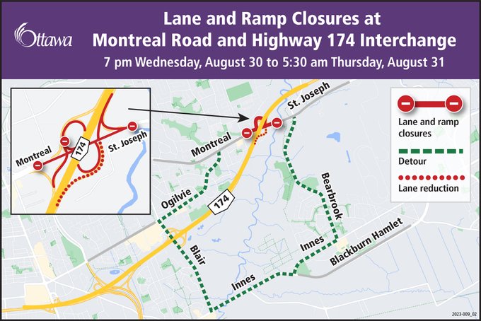 A map providing visual of the lanes and ramp closures at Montreal Road and Highway 174 Interchange from 7 pm Wednesday, August 30 to 5:30 am Thursday, August 31. Visit the link in the post for full details.