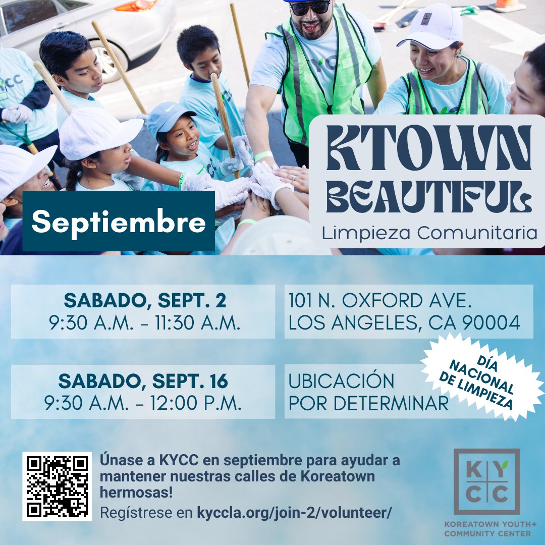 KYCCLA's tweet photo. 🌎🌱🧹 This month, let's make a difference together by joining our Koreatown Beautiful Community Cleanups and celebrating National CleanUp Day! 💚 
Be a part of something incredible and join KYCC for our biggest cleanup of the year! Sign up to join us through the link in our bio. https://t.co/nvKfzURMSK