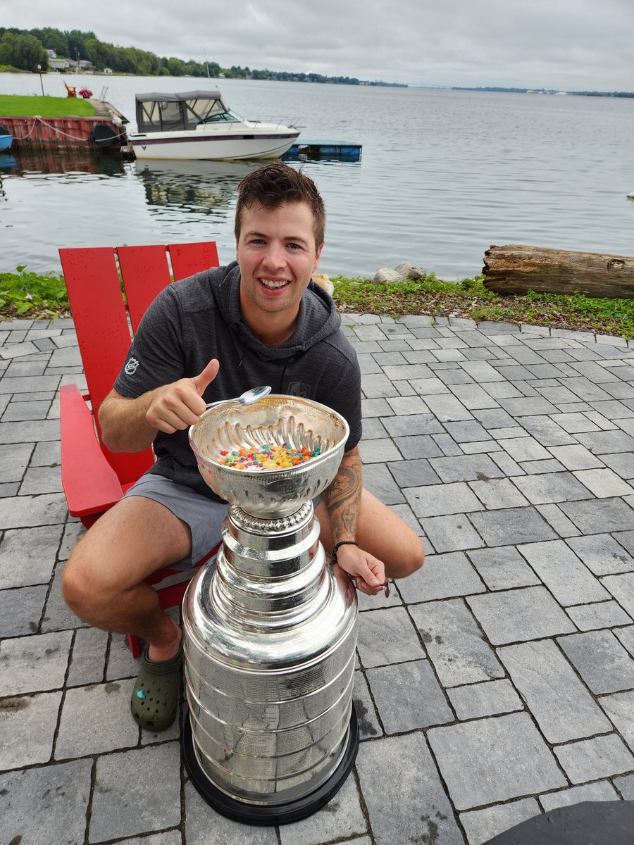 Ben Hutton brings the Cup home to Prescott and enjoys cereal out of the #stanleycup while overlooking the St Lawerence River. @nhl @GoldenKnights @HockeyHallFame