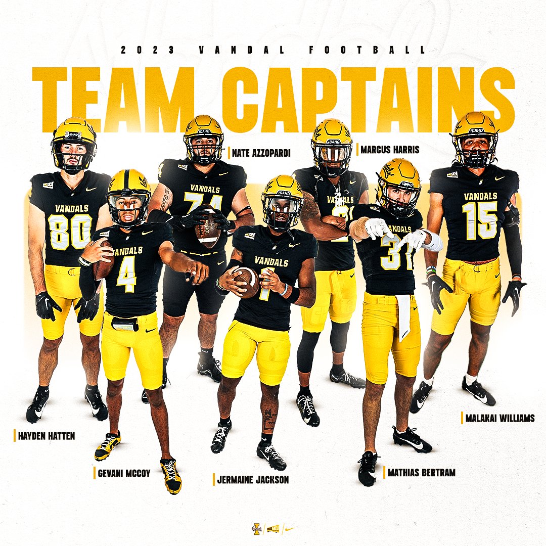 VandalFootball's tweet photo. We'll follow these guys anywhere. 

Introducing your 2023 team Captains.

@d1_maineybo 
@twothelegacy2 
@Gevani_McCoy 
@Hayden_Hatten88 
@NateAzzo 
@mbertram31 
@Malakaiwillia13 

#GoVandals https://t.co/Mp4ELY5Oxh