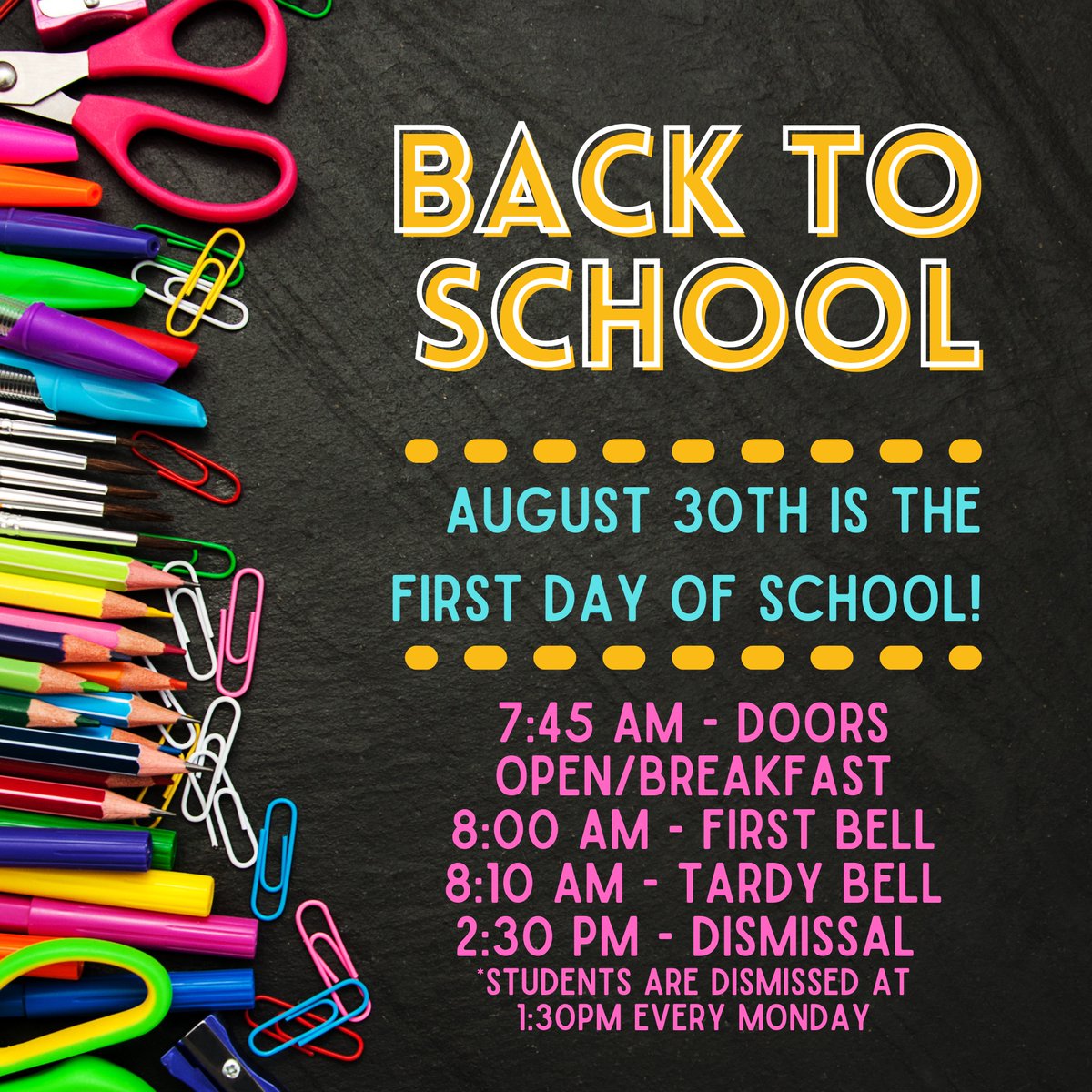 Tomorrow, August 30th, is the FIRST DAY OF SCHOOL! Doors open at 7:30 am for breakfast, and the first bell rings at 8:00 am! We will see you in the morning, Skyhawks!