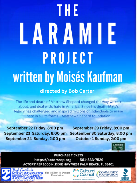 JennaMace1's tweet photo. Grateful that Actor's Rep theatre is presenting The Laramie Project in September - timely and relevant. Performances start September 22 and continue through October 1. https://t.co/Z0tak3aLyP