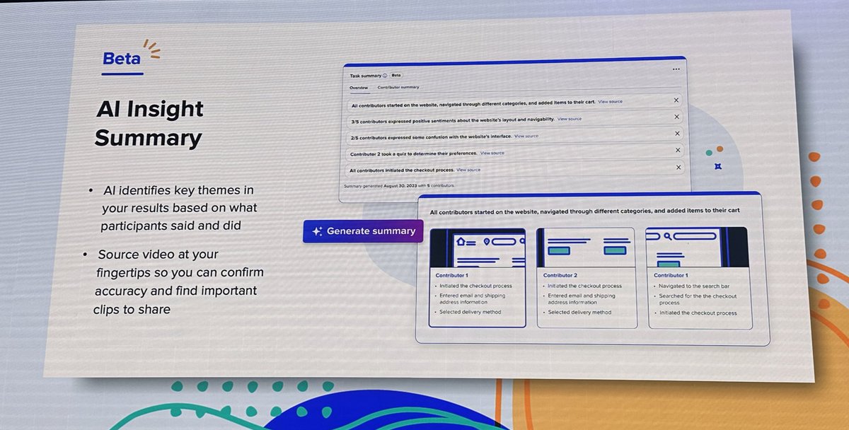lizkmiller's tweet photo. Announcement Drop #THiS23: beta for #AI Insight Summary. Takes transcripts of qualitative video interviews and applies #AI trained for research for generated summaries including key themes and source video that supports summary and intelligence. @usertesting https://t.co/jiLulyrIVH