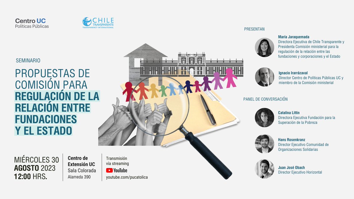 cppublicasuc's tweet photo. MAÑANA a las 12 hrs. María Jaraquemada @majaraquemada e @Ignacio_Irarraz, miembros de la comisión de probidad y transparencia, presentarán las propuestas que le entregaron al Pdte. Boric para mejorar la relación de las fundaciones y el Estado. Inscríbete: https://t.co/nNSqeCD3Tr https://t.co/WDWbjlVbUG
