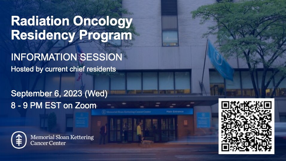 Excited for #RadOncMatch2024! Join our stellar #radonc residents Wednesday next week for a meet and greet to learn about our @MSKCancerCenter program. 📆Wednesday, 9/6/2023 ⏲️8:00-9:00 ET 📍 Register here: meetmsk.zoom.us/meeting/regist…
