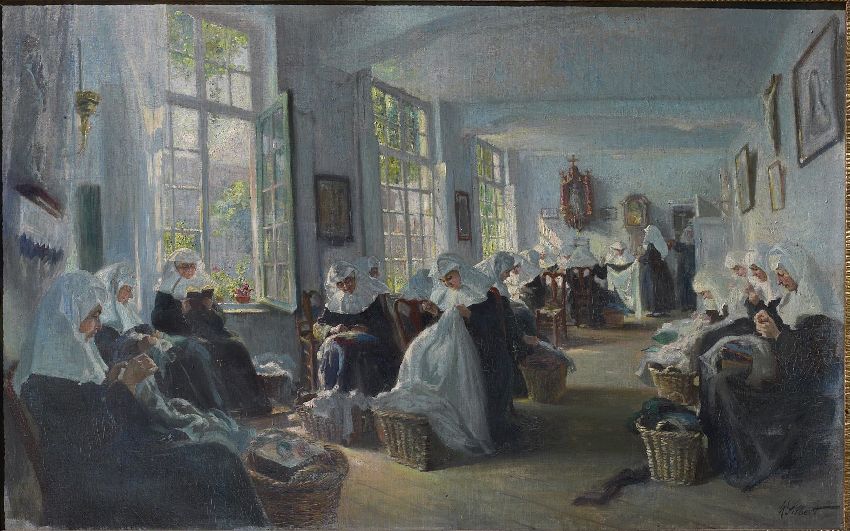 Beguines of the Small Beguinage of #Ghent (#Gent) working in an interior, signed 'Gilbert',  dated 1941 - 1960.

#nuntastic