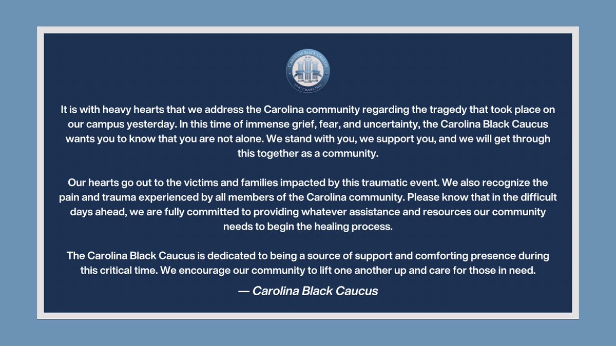 A Message from the Carolina Black Caucus (see full message below): We stand with you, we support you, and we will get through this together as a community. #HeelsStrong